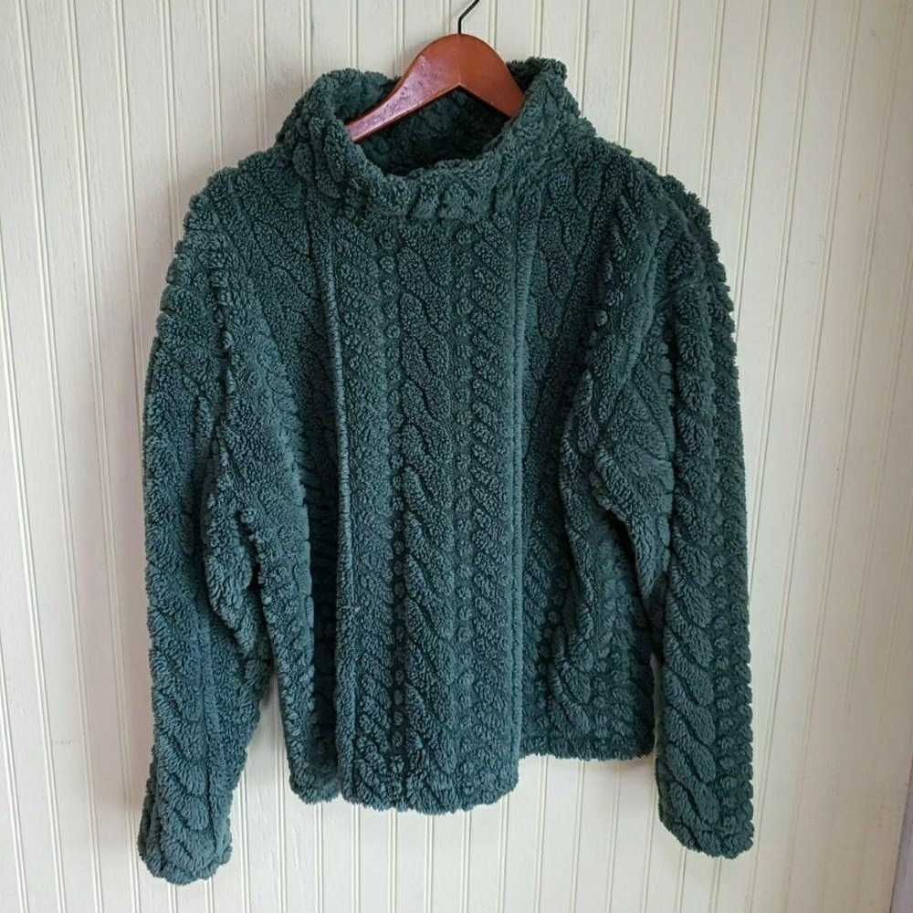 Eddie Bauer Sweater Womens Large Green Mock Neck Fleece Cable Knit Pullover - Picture 2 of 4